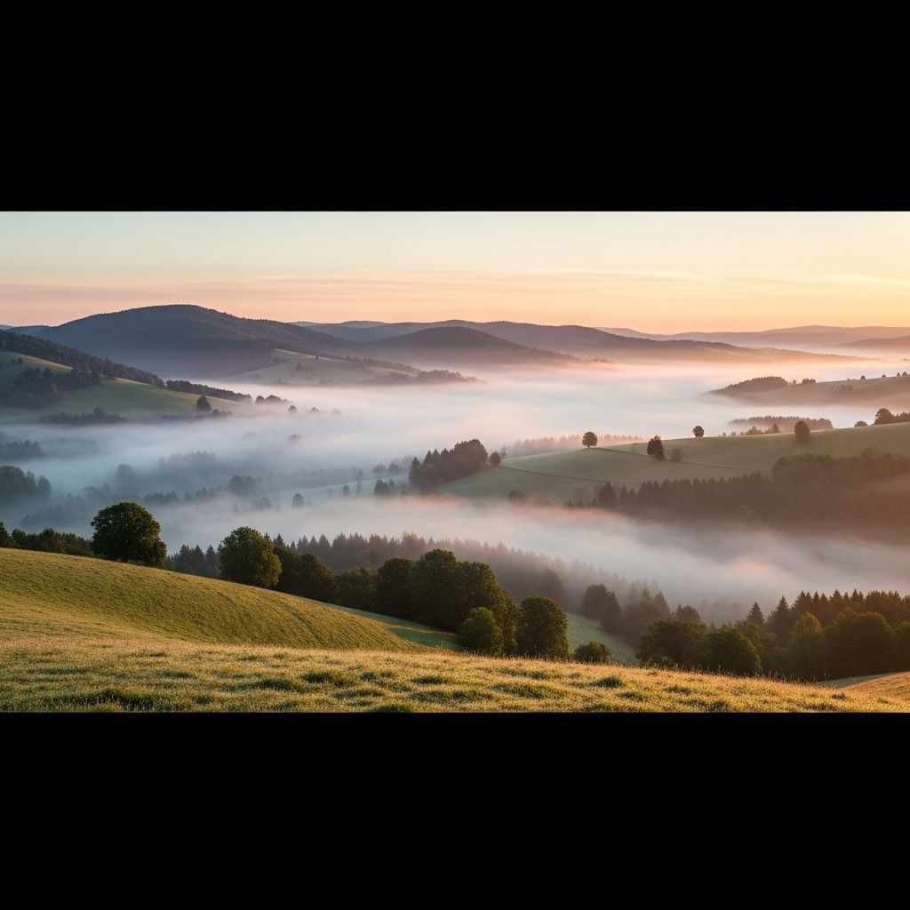 Panoramiczny widok na zielone wzgórza i spokojną dolinę o świcie z mgłą snującą się pomiędzy drzewami, symbolizujący spokój, perspektywę i głębię wiedzy o zdrowym stylu życia