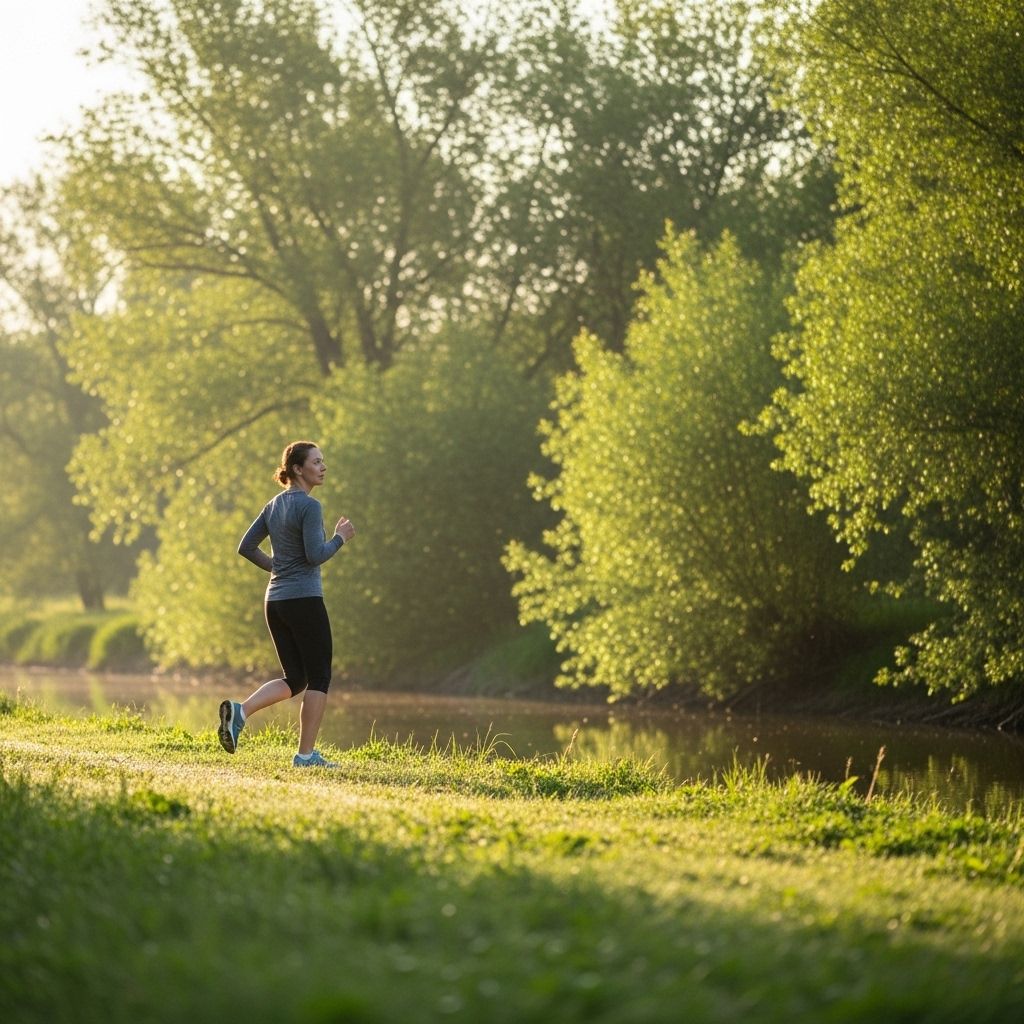 Osoba biegająca wzdłuż spokojnej rzeki o poranku w otoczeniu zieleni, ubrana w sportowy strój, przedstawiająca naturalną formę aktywności fizycznej w plenerze