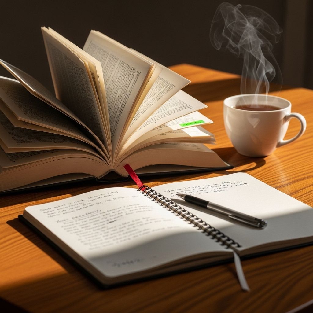 Otwarta książka i notatnik leżące na drewnianym stole przy filiżance herbaty w ciepłym, naturalnym świetle, symbolizujące refleksję, zdobywanie wiedzy i spokojne studiowanie treści edukacyjnych