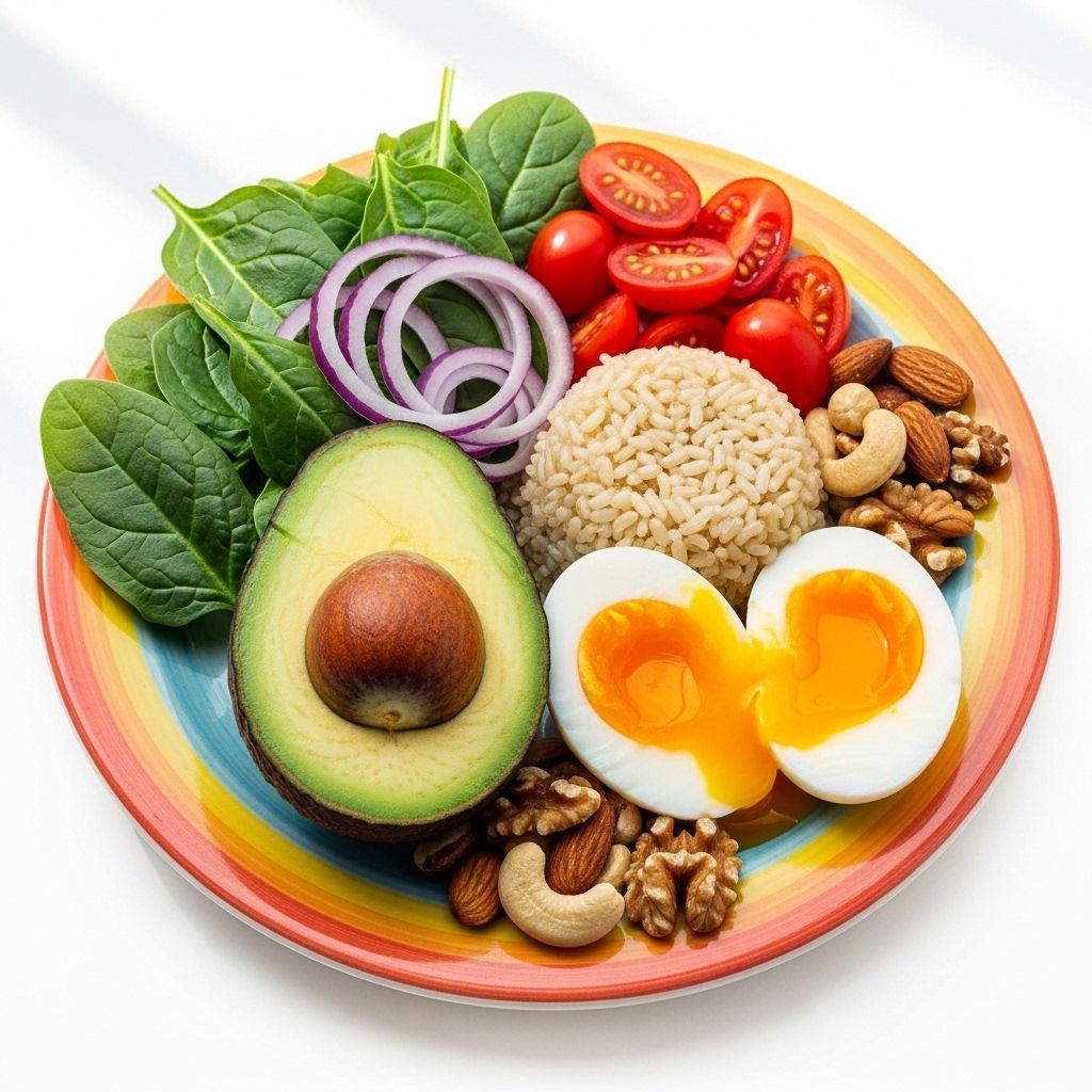 Kolorowy talerz z różnorodnymi produktami spożywczymi bogatymi w białko, zdrowe tłuszcze i węglowodany złożone: orzechy, awokado, jajka, ryż brązowy i świeże warzywa na białym tle