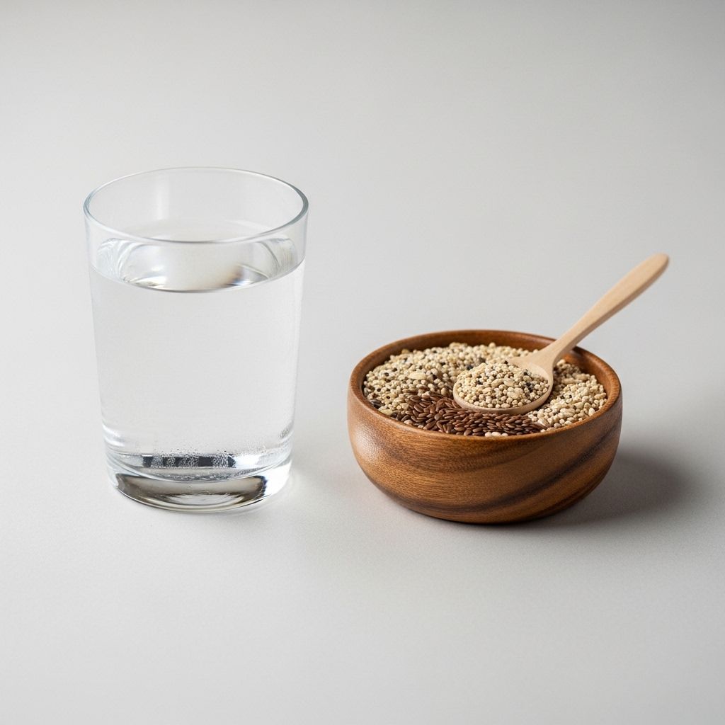 Minimalistyczna kompozycja na jasnym tle: szklanka wody, mała miseczka z naturalnymi ziarnami i drewniana łyżka, symbolizująca refleksję i podejście oparte na wiedzy do suplementacji diety