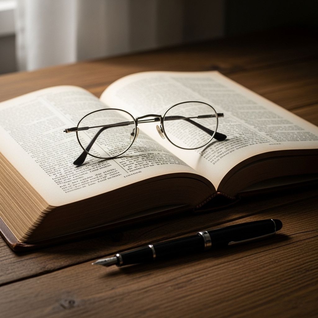 Otwarta książka na drewnianym biurku z okularami i długopisem, stonowane naturalne oświetlenie, symbolizujące naukę i porządkowanie wiedzy