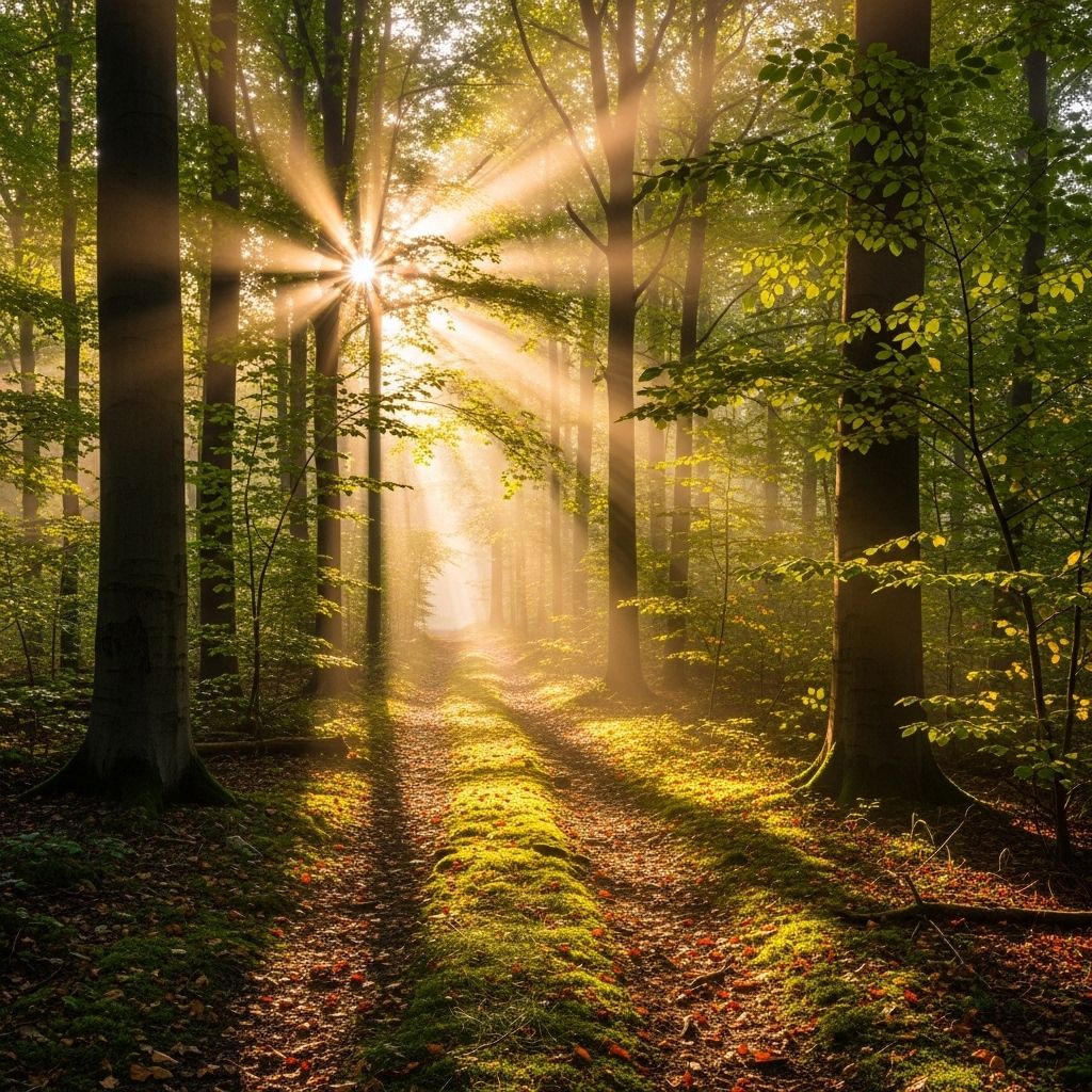 Jasno oświetlona ścieżka przez las o wschodzie słońca symbolizująca drogę do zdrowego i aktywnego stylu życia z ciepłymi promieniami przebijającymi się przez korony drzew
