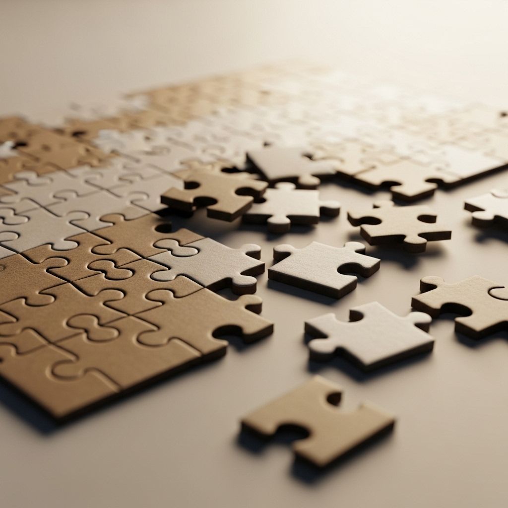 Abstrakcyjne zdjęcie układanki puzzli na jasnym tle symbolizujące porządkowanie i weryfikację informacji, z ciepłym bocznym oświetleniem podkreślającym fakturę elementów