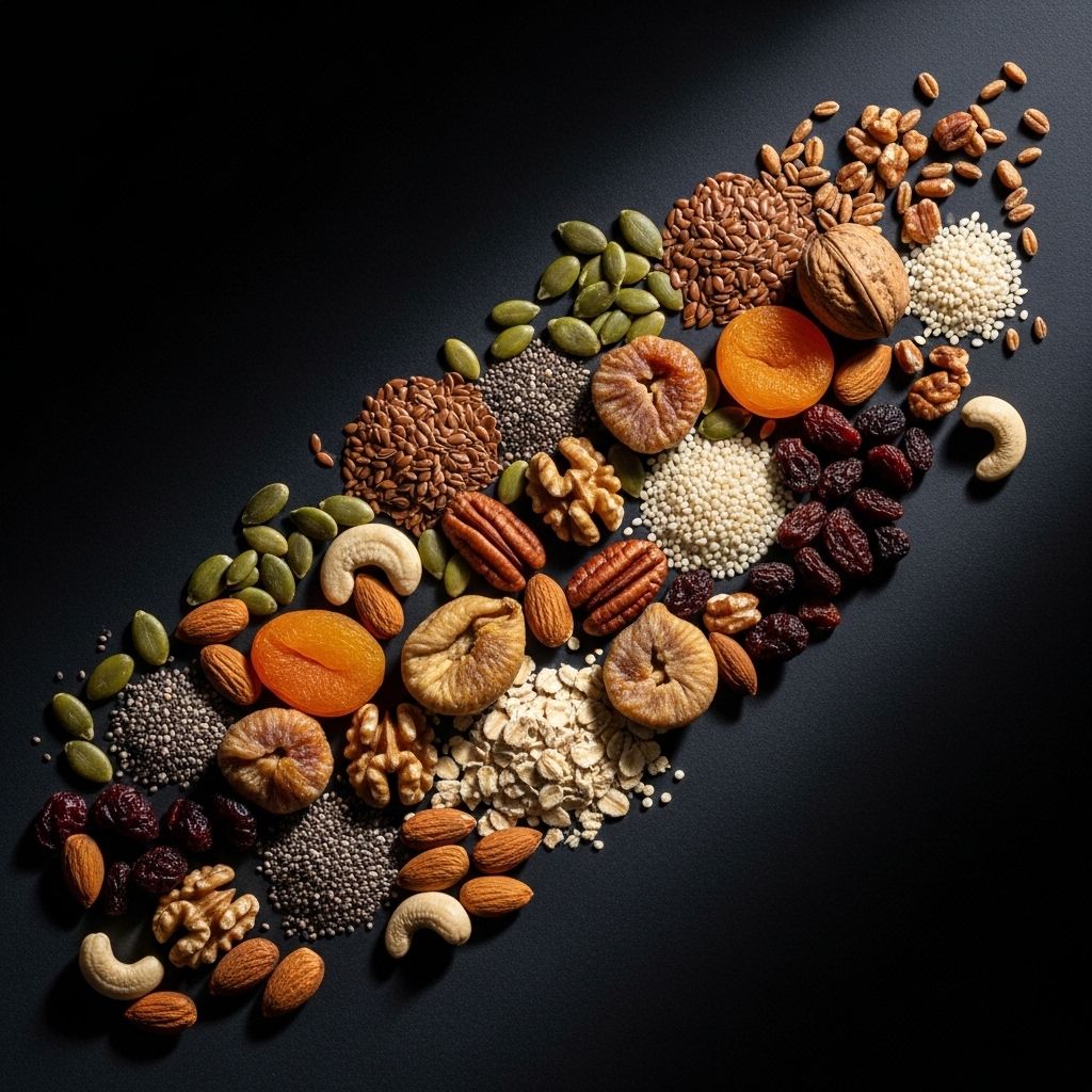 Abstrakcyjna kompozycja naturalnych składników odżywczych — nasiona, ziarna, orzechy, suche owoce rozłożone na ciemnym tle z kierunkowym oświetleniem podkreślającym tekstury